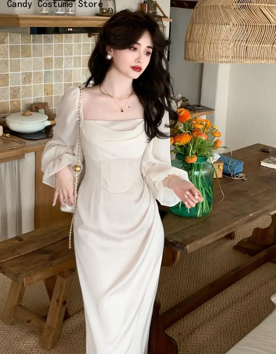 

Женские кружевные винтажные шикарные платья-миди, Осенние однотонные элегантные сказочные платья, женское повседневное модное цельнокроеное платье в Корейском стиле