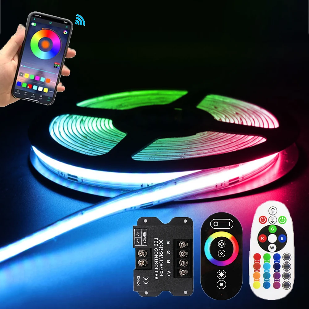 

RGB COB LED Strip 12V 24V 840 LEDs/m Flexible COB Tape Bluetooth Mobile APP Controller LED Light for Indoor Decoration Lighting