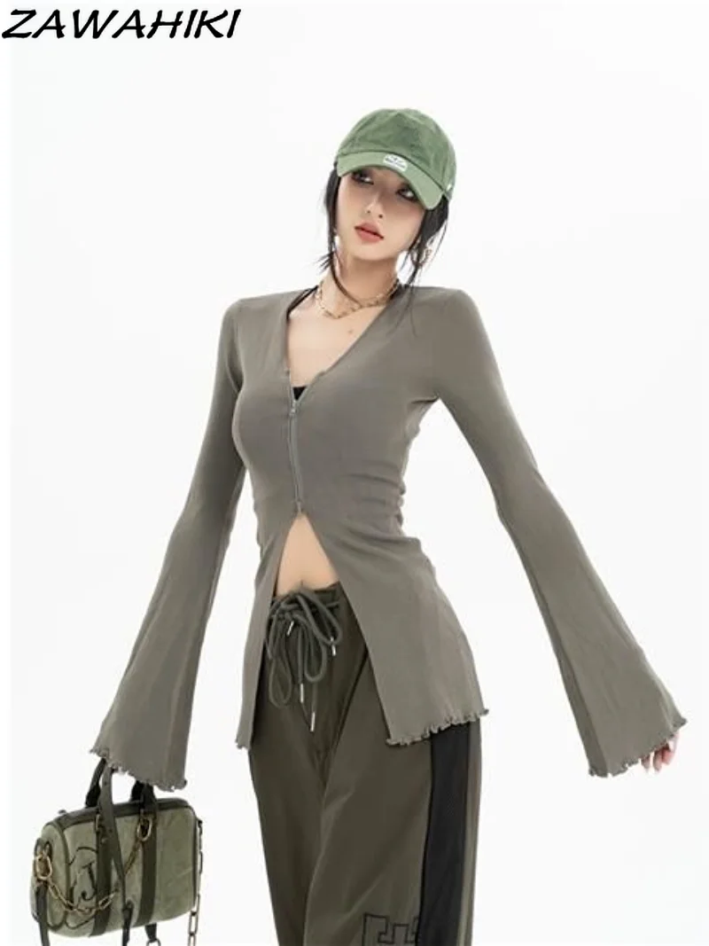 

Vintage Solid Flare Sleeve V Neck Long Sleeve Tees 2000s Clothes Y2k Long Tops Women Casual T Shirts 90s Aesthetic Outerwear