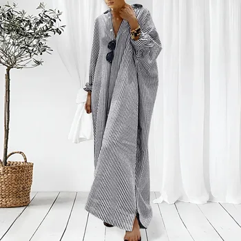 Summer Outfits For Women 2023 Stripe Cotton Linen Shirt Lapel Dress Long Sleeve Casual Loose Maxi Dresses Plus Size 1