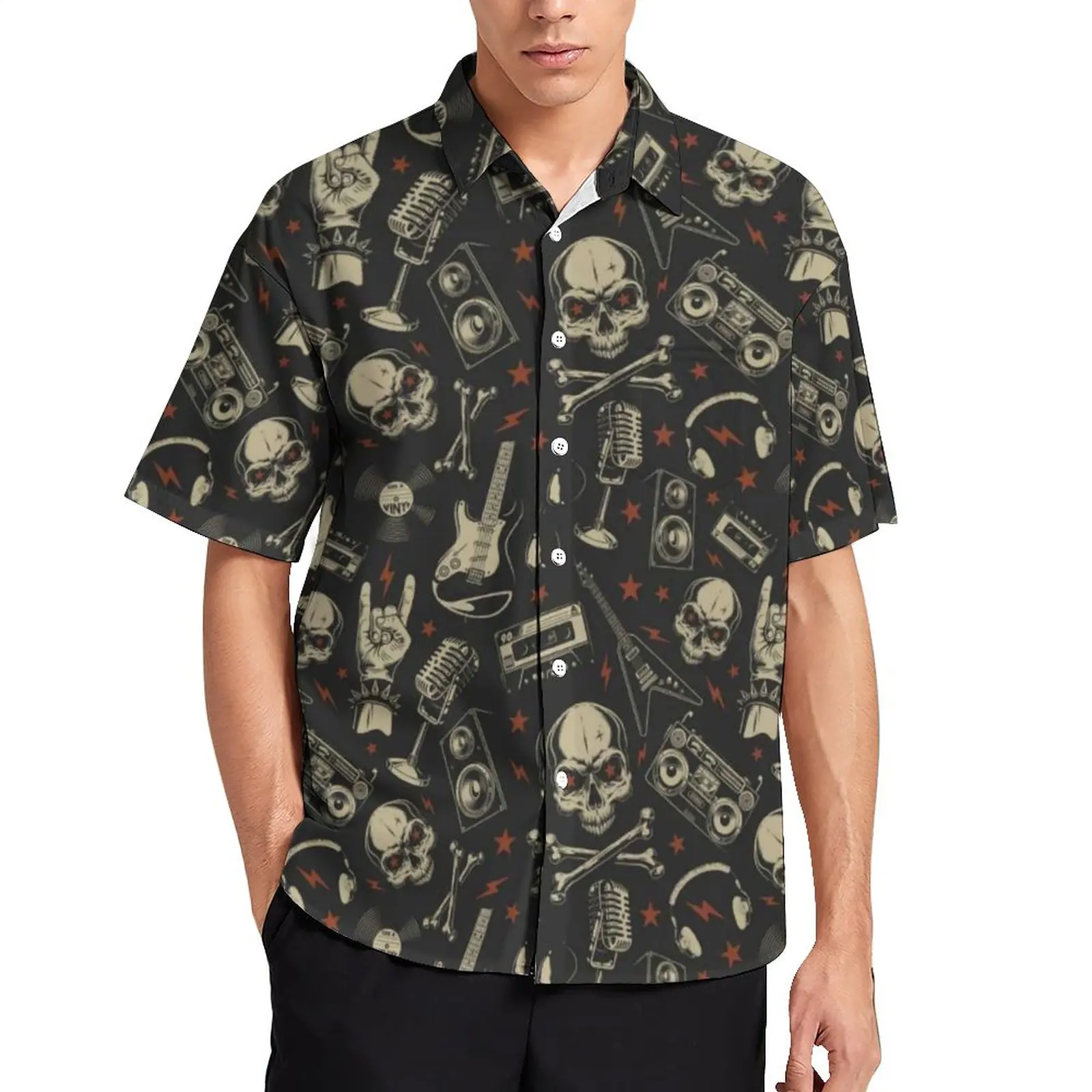 

Metal Music Skull Vacation Shirt Men Rock Grunge Punk Casual Shirts Hawaiian Short-Sleeved Pattern Trending Oversized Blouses