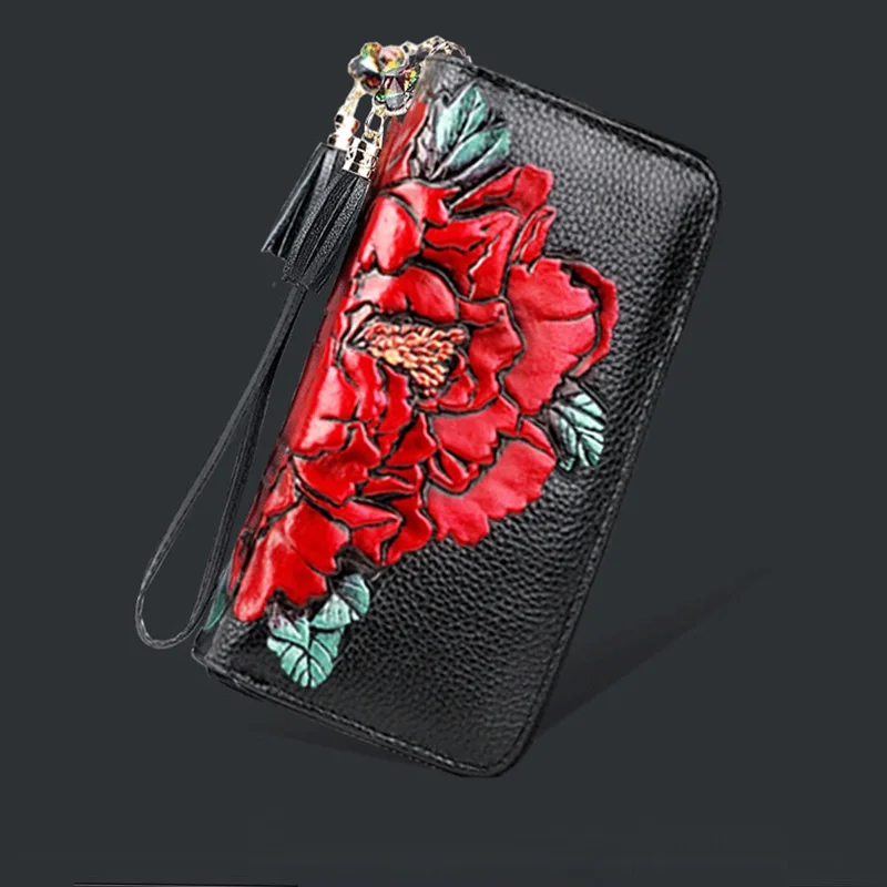 2023 New Genuine Leather Wallet Women Double Zipper Ladies Leather Purse Large Floral Pattern Female Clutch Bag