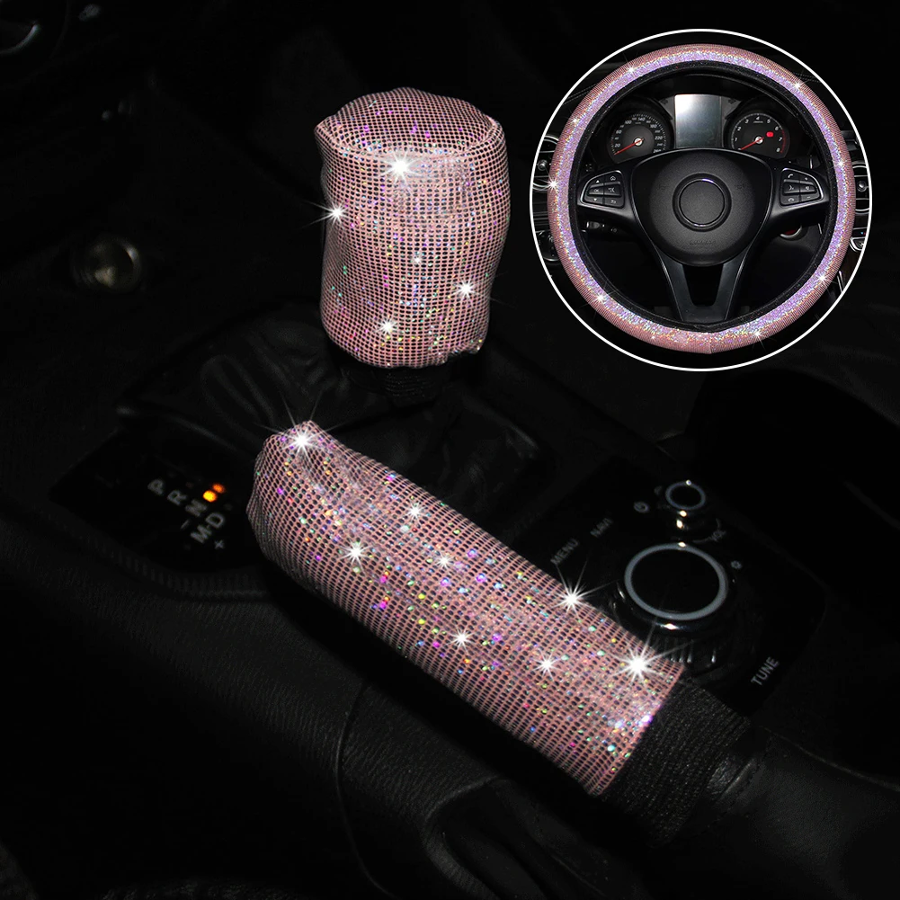 3pcs/set Car Steering Wheel Cover Glitter Crystal Gearshift Cover Case Rhinestone Handbrake Protector Bling interior accessories