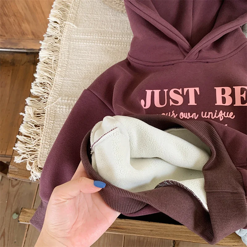 

MILANCEL Winter Girls Clothes Fur Lining Boys Hoodie Letter Print Kids Sweatshirts