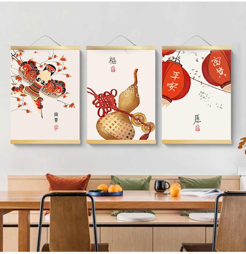 Chinese style green plants canvas decorative painting Store bedroom living room wall art solid wood scroll customizable |