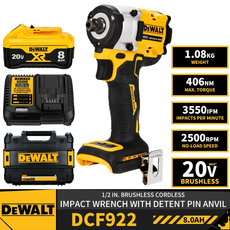 

DEWALT DCF922 1/2in Brushless Cordless Impact Wrench With Detent Pin Anvil 20V Lithium Tools 3550IPM 406NM With Battery Charger