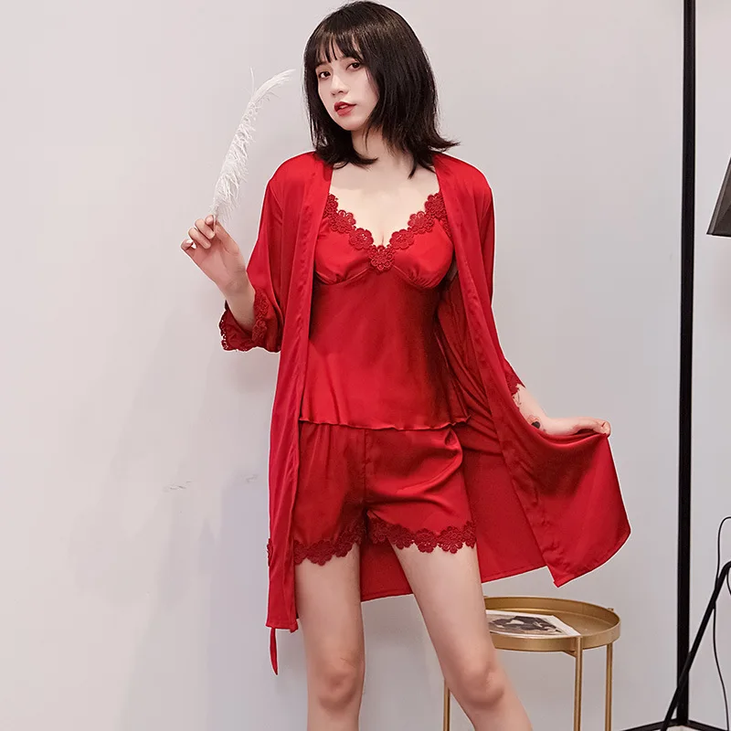 

3 Piece Pajama Set Bathrobe Negligee Women Satin Pyjamas Sexy Tops Shorts Home Suits Sleepwear Robes Nightwear Clothes Femme