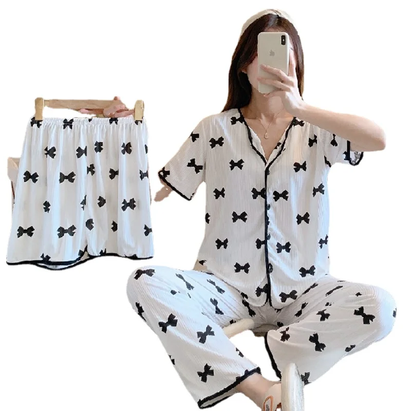 2023 New Pajamas Women's Summer Three-piece Pajamas for Women Cute Peach Same Style Girl Student Short-sleeved Trousers