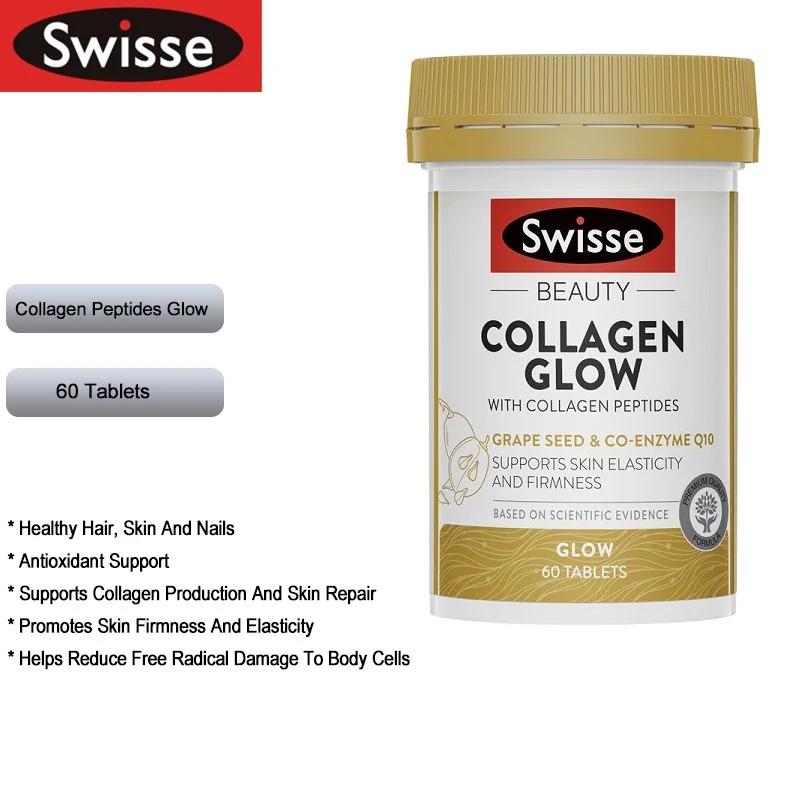

Australia Swisse Beauty Collagen Peptides Glow 60Tablets Grape Seed Co-enzyme Q10 Women Skin Repair Firmness Dietary Supplement