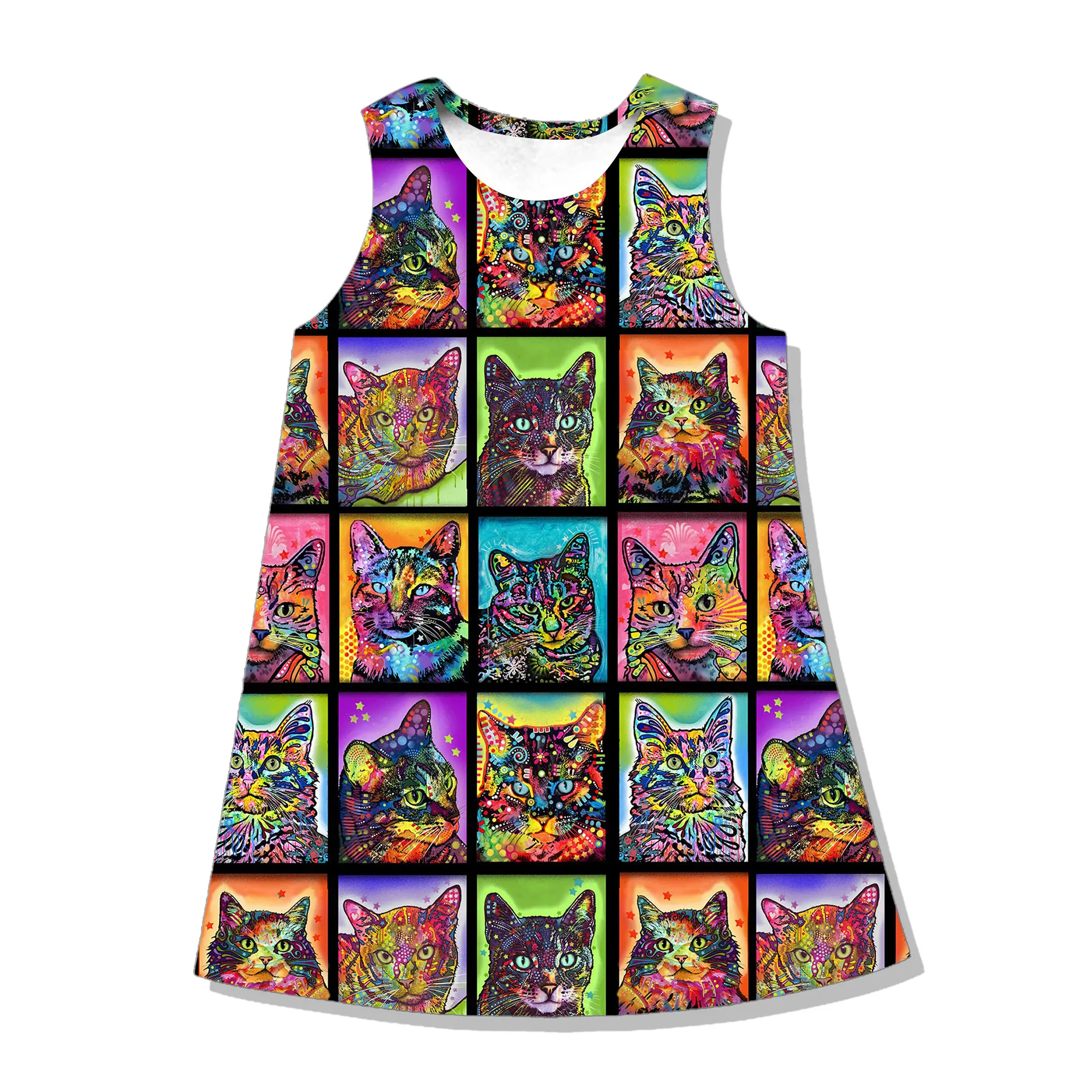 Elegant Women Dress Summer Vintage Kawaii Cats Print O-Neck Sleeveless A-Line Dress 2022 Fashion Female Loose Dresses Vestidos