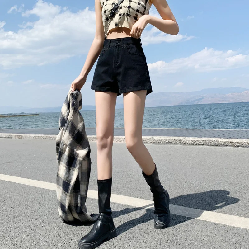 

Korean Cowboy SHORTS women's new summer A-shaped wide leg pants high waist slim curled hot pants
