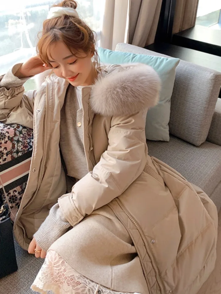 New Winter Quilted Warm Midi Women's Cotton Down Coat Office Lady Elegant Solid Fur Collar Long Overcoat 2022 Fashion