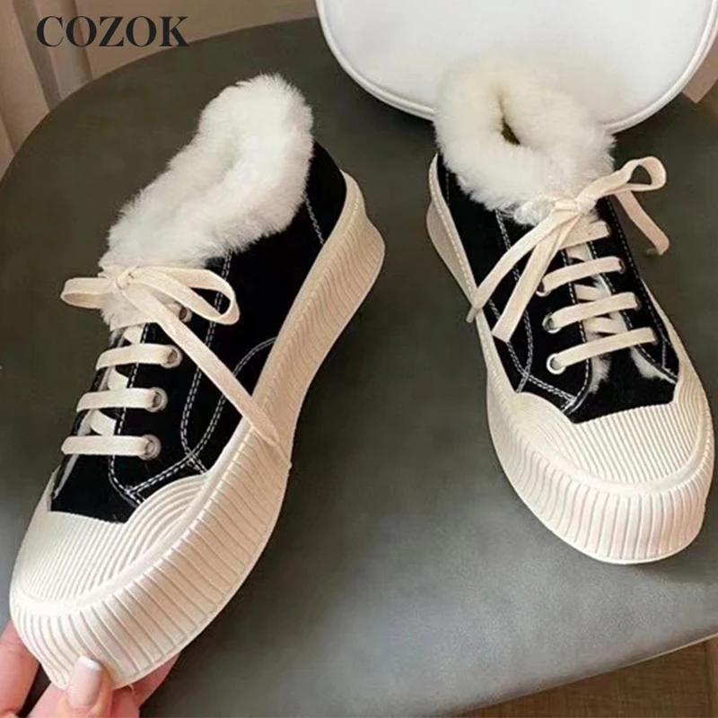 

Classic Fashion Leisure All Match Women's Shoes Cow Suede Lace-Up Plush Comfortable Mixed Colors Flat Shoes Autumn And Winter