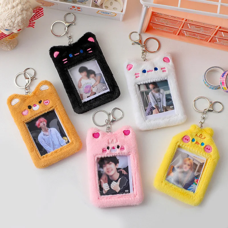 

Korea Cute Bear Rabbit Plush Photocard Holder Cute Kpop Idol Photo Album Sleeve Case ID Card Cover With Keychain Bag Pendant