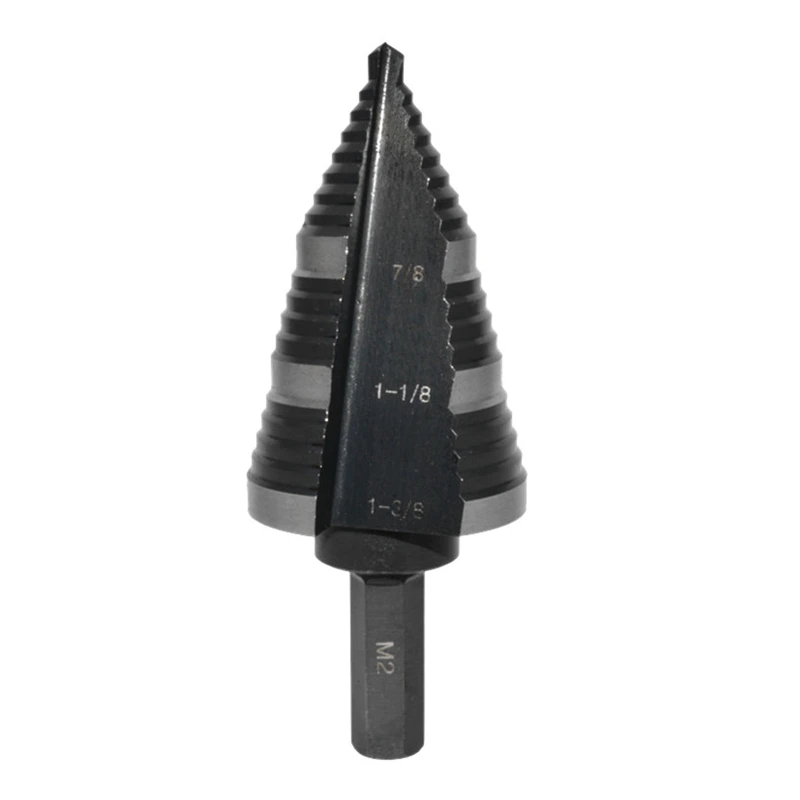 

Dual-Fluted Stepper Bit for Cutting Metals Plastic Copper Aluminum 3/8Inch Hex Shank 7/8 To 1-3/8Inch High Hardness