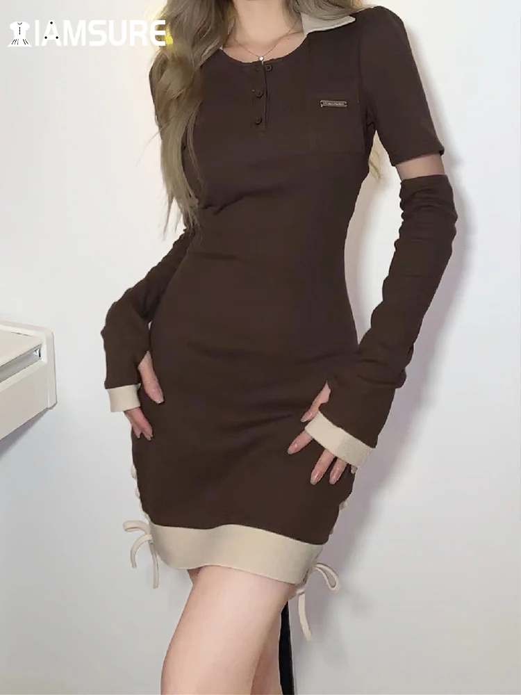 

IAMSURE Contrast Color Bandage Bodycon Dress With Gloves Sexy Slim Turn-Down Collar Short Sleeve Mini Dresses For Women 2022