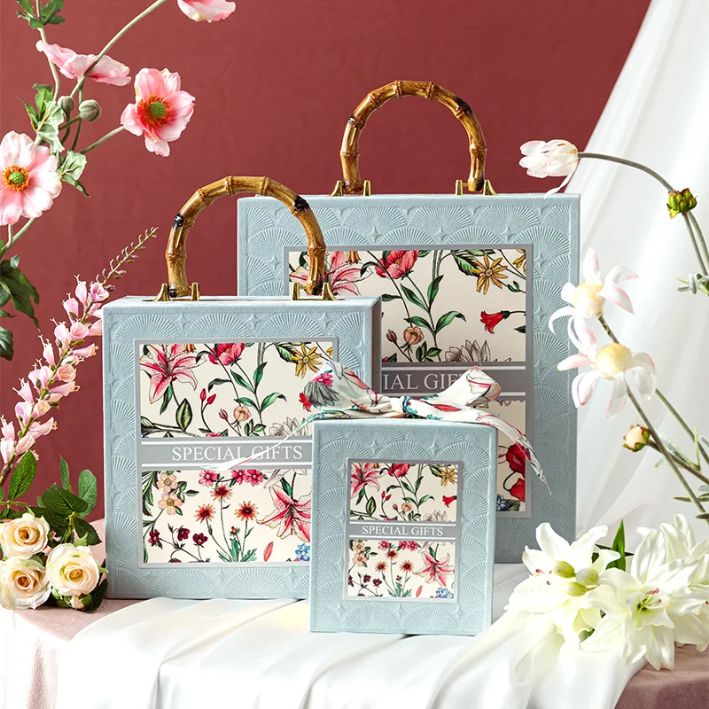 Pattern Of Flowers Wedding Supplies Gift Box Bridesmaid Totebag With Bamboo Handle Birthday Present Adult