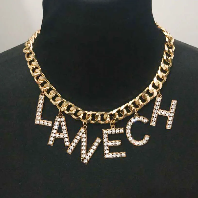 

Punk Crystal Letter Choker Necklace Collar Statement Hip Hop Big Chunky Aluminum Gold Color Thick Chain Necklace Women Jewelry