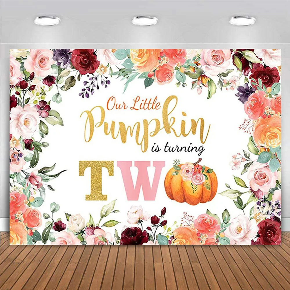 Little Pumpkin Backdrop Happy 2nd Birthday Two Years Old Baby Shower Party Cake Banner Photo Booth Background for Girls Boys