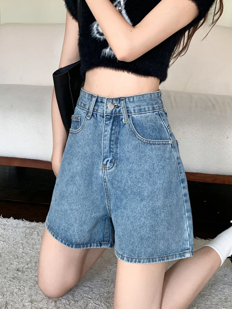 New Streetwear Women Retro High Waist Loose Blue Denim Shorts Spring Summer Female Wide Leg Jeans Shorts Bottoms
