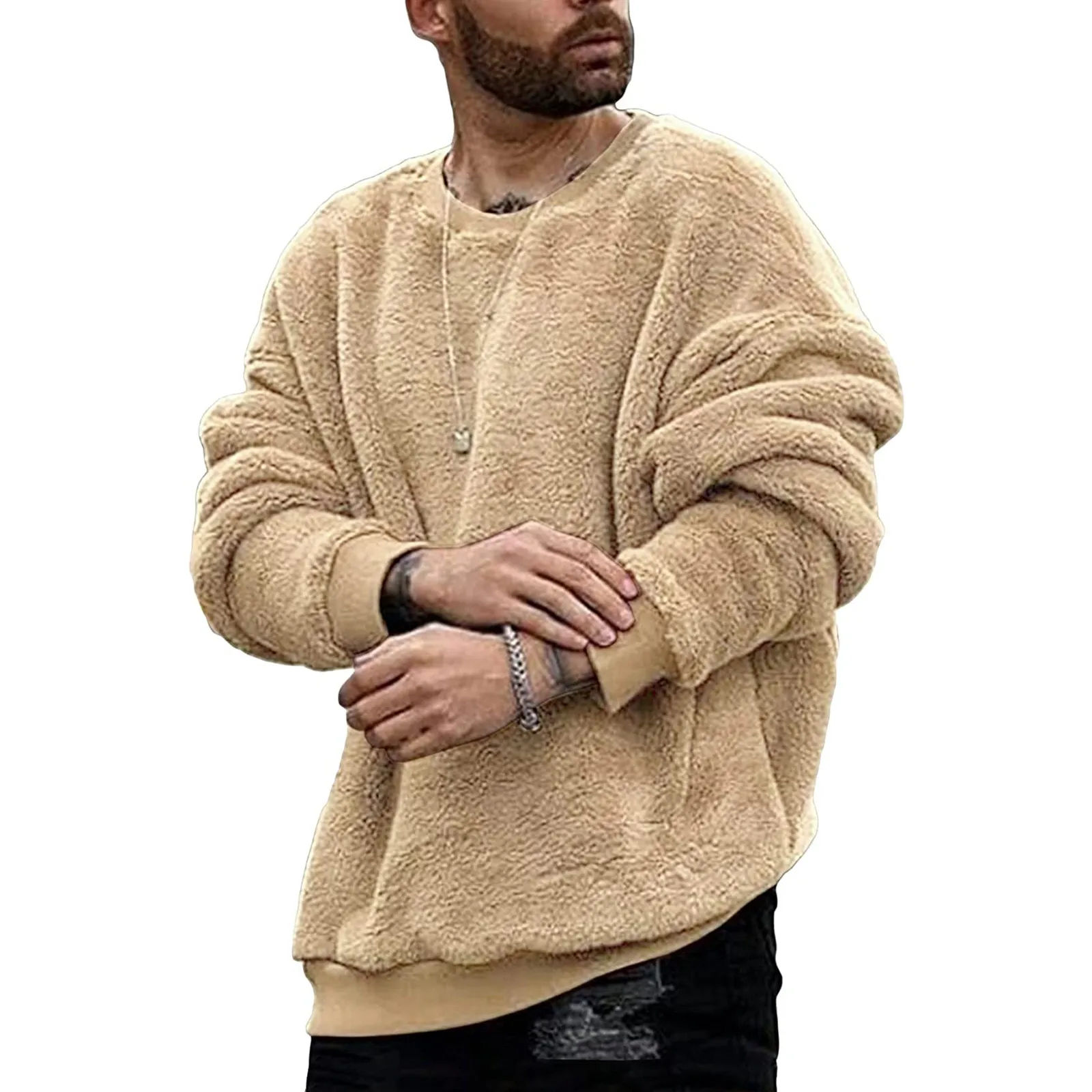 Men Fuzzy Pullover Casual Lamb Plush Thick Sweatshirt Long Sleeve Outwear Autumn Hoodies Basic Casual Pullover Vintage Clothes