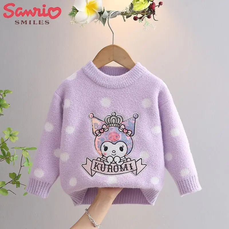 

New Sanrio Sweater Children's Cartoon Kuromi Thickened Mink Fleece Autumn Girls' Sweater Student Winter Pullover Bottom Top 2023