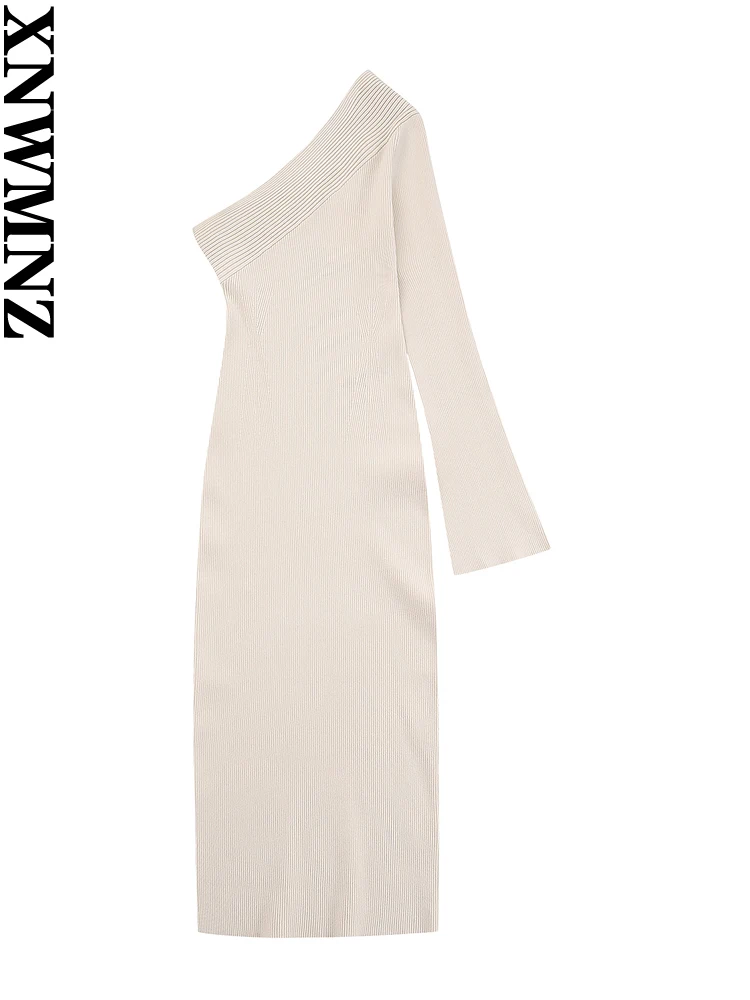 

XNWMNZ Women's Fashion 2023 Autumn Asymmetric Knitted dress Party One Shoulder Long Sleeve Slim Female Midi Dresses