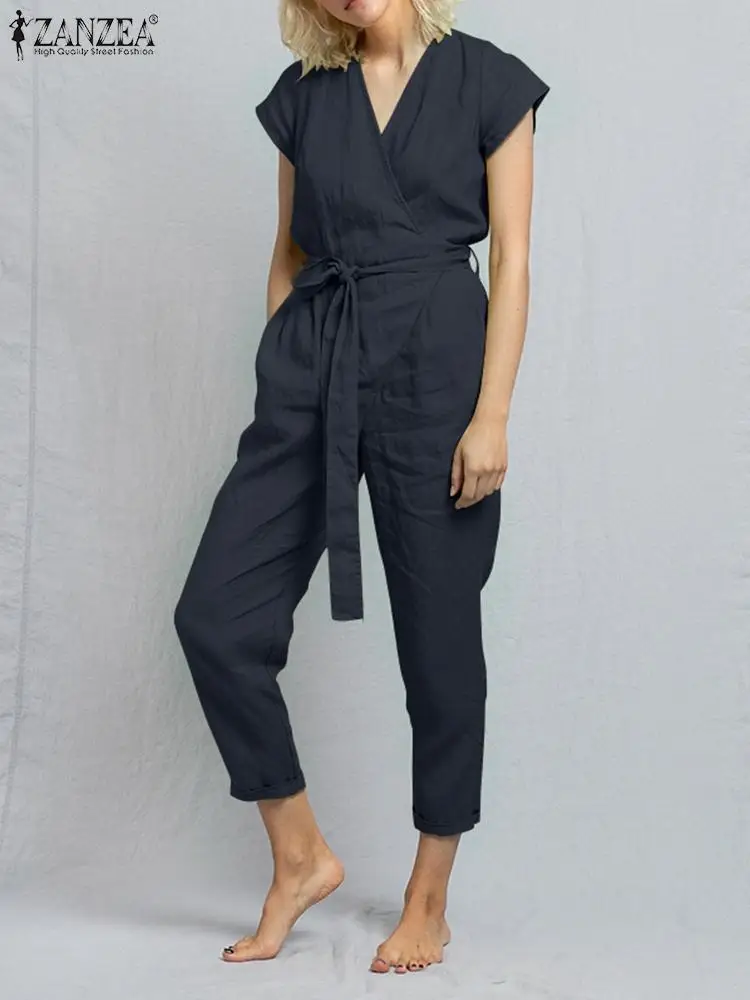 

Fashion Women Summer Overalls ZANZEA 2022 Casual V Neck Jumpsuits Short Sleeve Rompers Female Playsuits Belted Oversized Pants