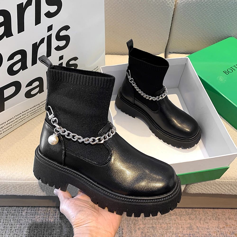 Knitted socks boots women's 2023 autumn new chain mid-tube elastic boots women's thick heel thick sole thin ankle boots ins tide