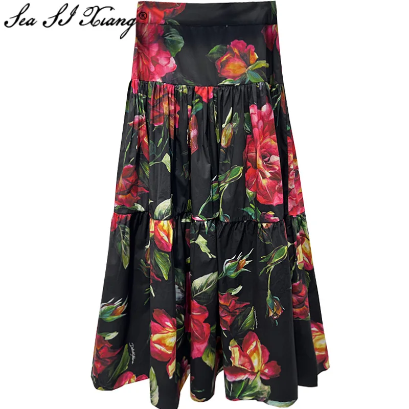 Seasixiang Fashion Designer Autumn 100% Cotton Skirt Women Vintage High Waist Flowers Print High Quality Long A-Line Skirt