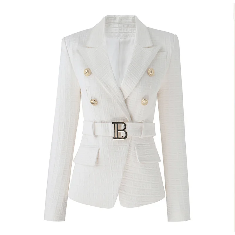 Spring Jacquard Fashion White Color Women Coat Jackets Belt Sashes Slim Fit Good Quality Lady Office Blazers Suits
