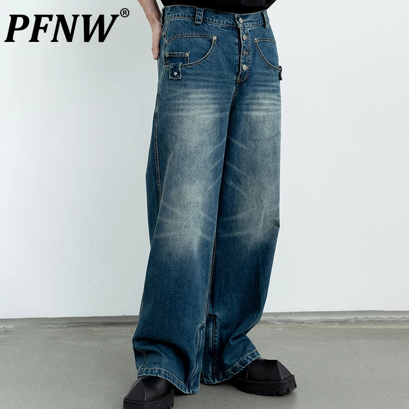 

Мужские джинсы с широкими штанинами PFNW, повседневные износостойкие потертые классические винтажные прямые джинсовые брюки со средней талией, весна-осень, 12A7898