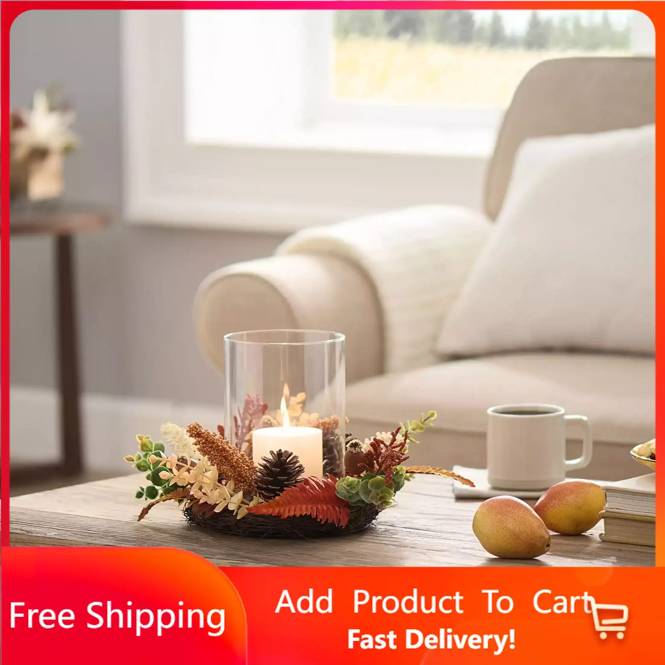 

Autumn Harvest Glass Hurricane Candleholder Centerpiece with rattan ring Free Shipping