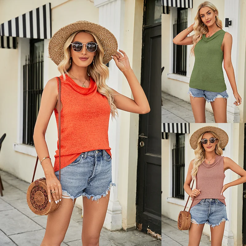 

2023 Spring Sleeveless Knit Top with Stacked Collar Pullover Thin Sweater Tank Top