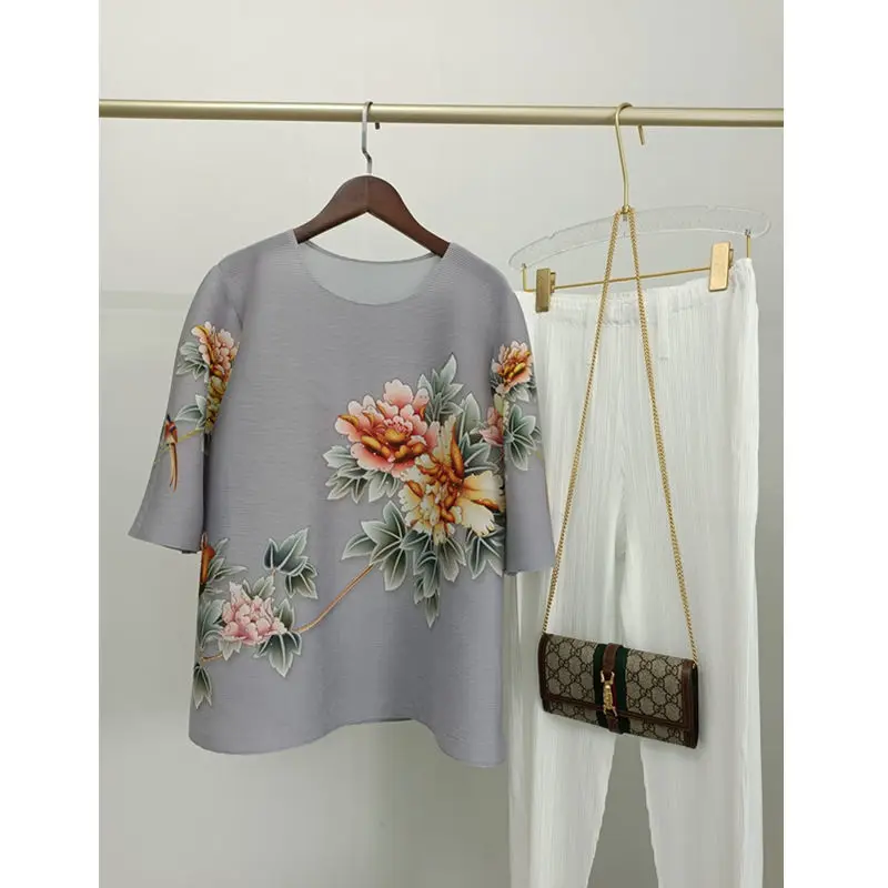 

Blouse Peony Print Pleated Clothing Women 2021 Summer New Fashion Chinese Wind o neck Loose Large Size Striper Blouse clothing