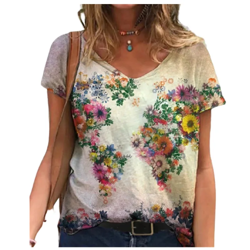 

Camisetas informales con estampado Floral para mujer, ropa de algodón de manga corta con cuello de pico Sexy de verano 2022, Top