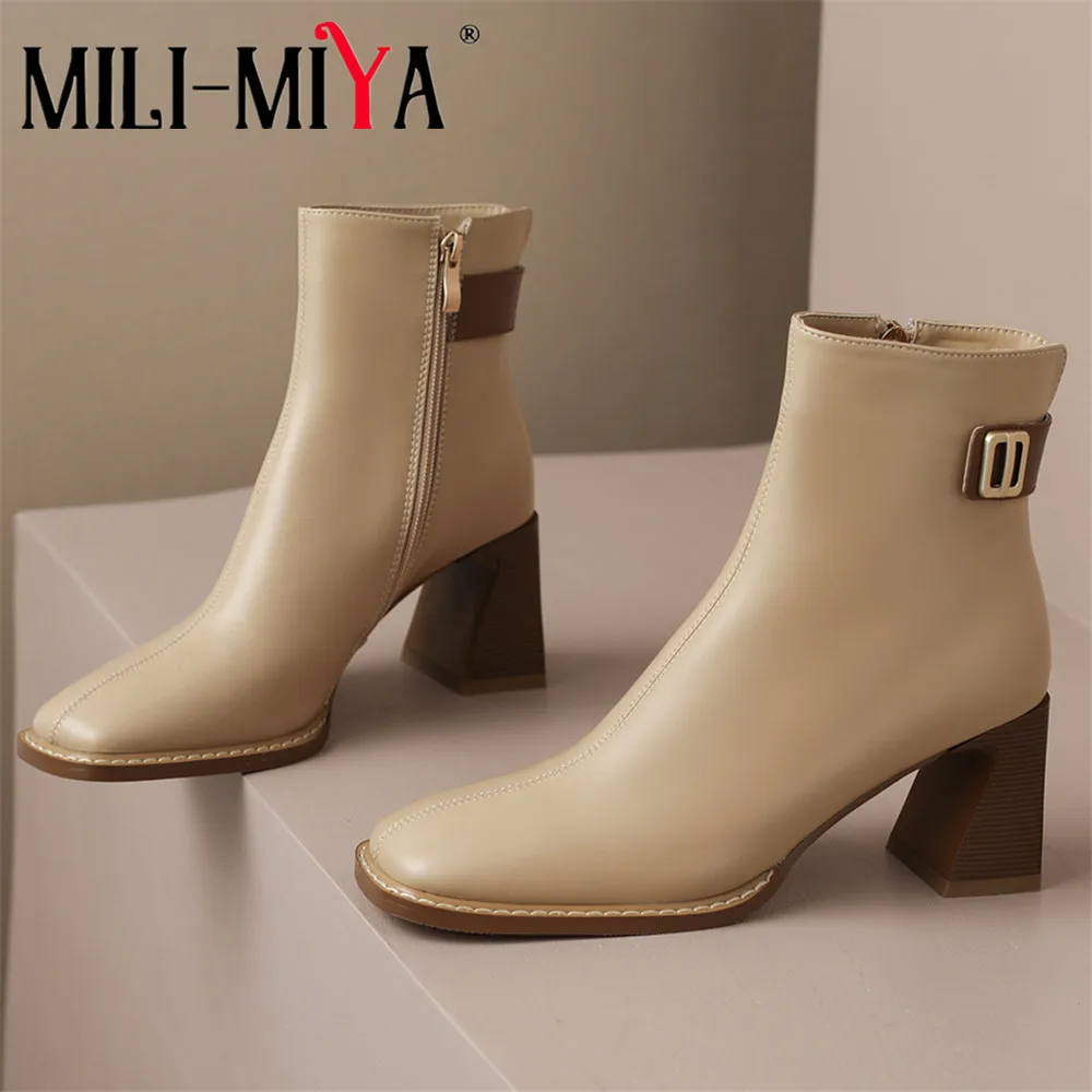 

MILI-MIYA New Arrival Concise Design Women Full Genuine Leather Ankle Boots Thick Heels Zippers Solid Color Plus Size 34-43 Hand