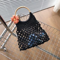 bamboo handle hollow cotton woven womens handbags cotton rope braid fishnet hand bags for women summer handwoven mesh beach bag