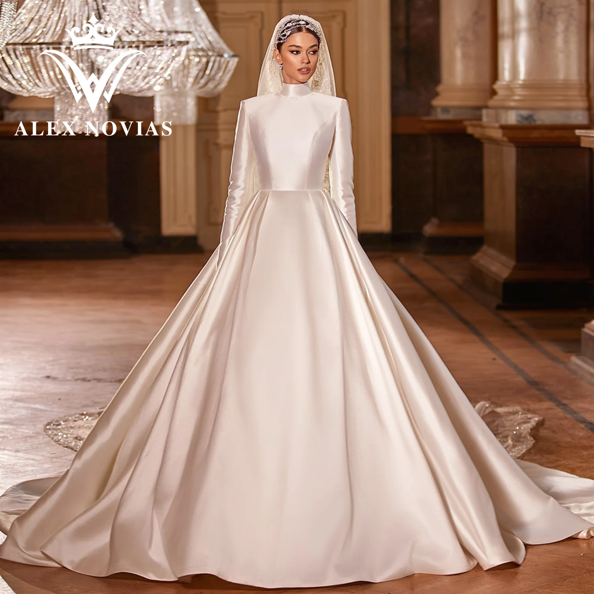 

Классическое атласное свадебное платье ALEX NOVIAS с длинным рукавом и карманами, 2023, простое свадебное платье с открытой спиной и лямкой на шее, Vestido Novias De Saten