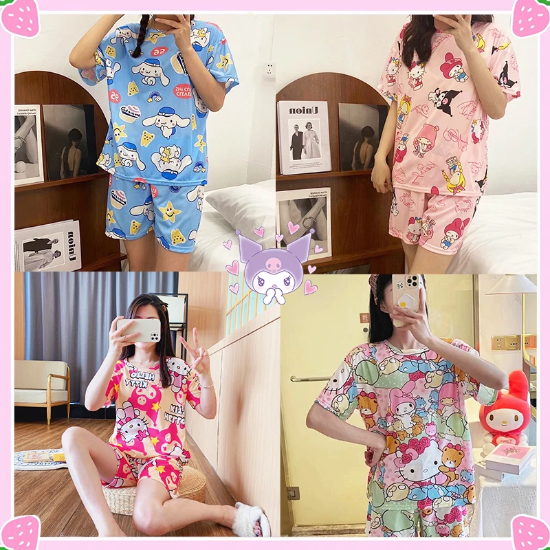 

Sanrioed Pajamas 2 Piece Set Kawaii Summer Shorts Soft Home Clothes Anime Cinnamoroll Melody Hello Kitty Cute Girls Gift Lovely