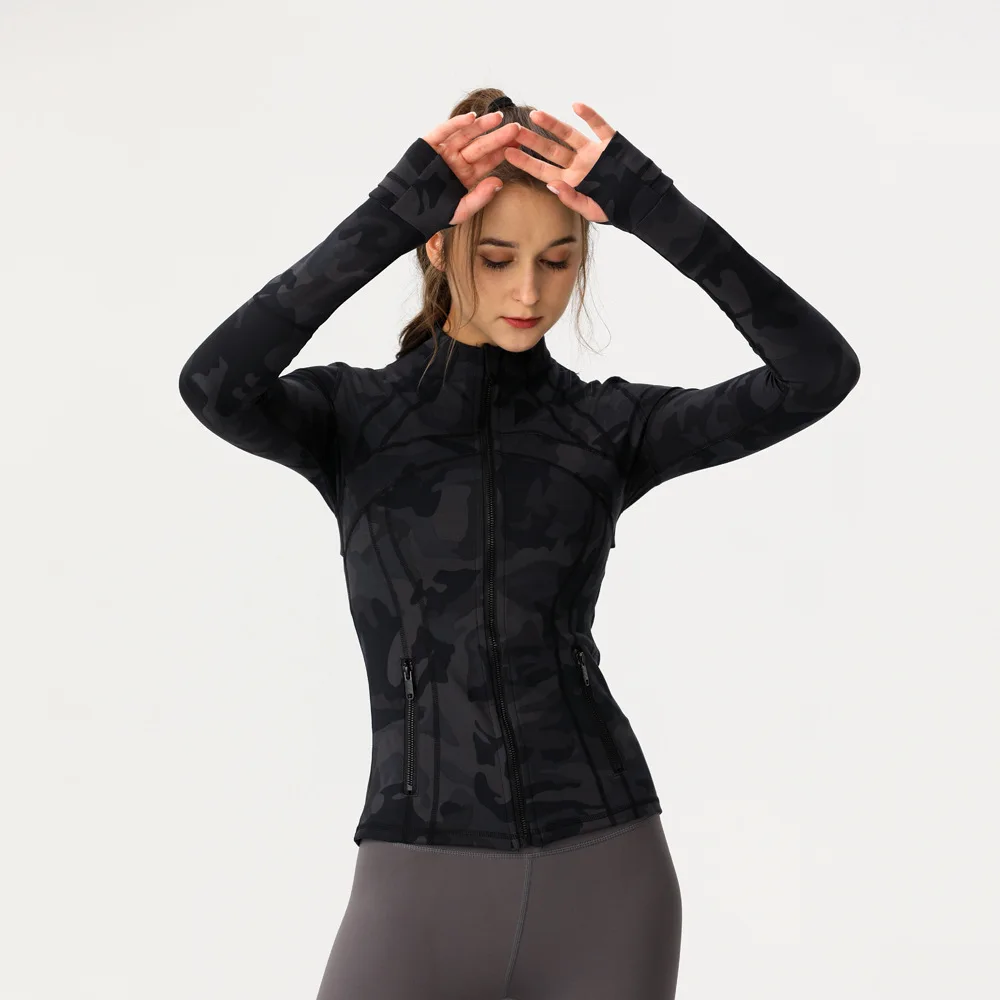 Autumn Black Cargo Standing-collar Women Jackets Fitness Stretchy Long Sleeve Thumb Hole Gym Running Coat Sports Sweatshirts