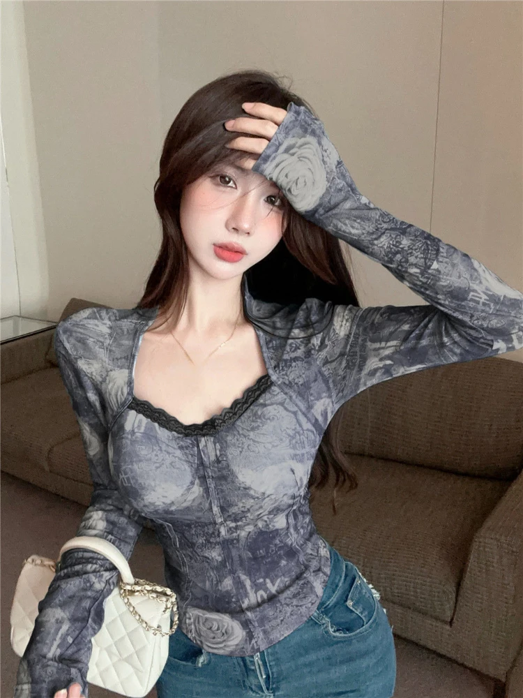 Женский топ с принтом в стиле Харадзюку Кружевной укороченный сексуальная