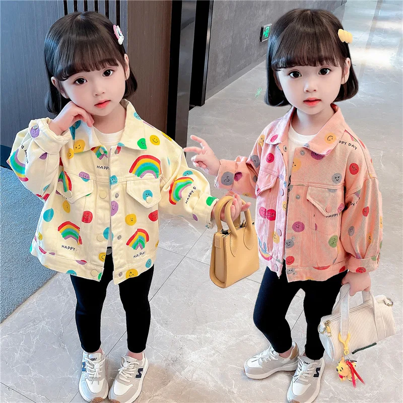 

2-9y Kids Denim Jackets Autumn Spring Girls Coats Long Sleeve Turn-dwon Collar Button Rainbow Children Outerwear Top Clothes 45