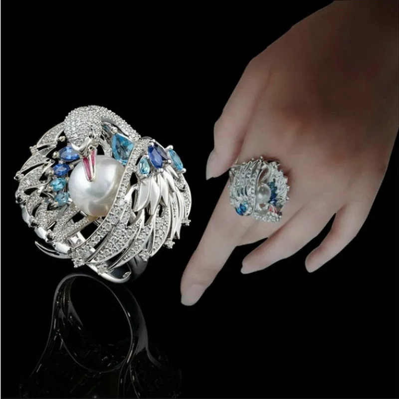 Женское кольцо с белым лебедем и жемчугом | Украшения аксессуары