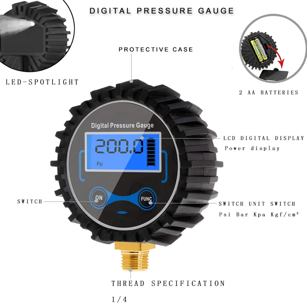 

200PSI Digital Tire Pressure Gauge LCD Manometer Pressure Gauge With LED Light Display With Night Vision Function For Car Truck