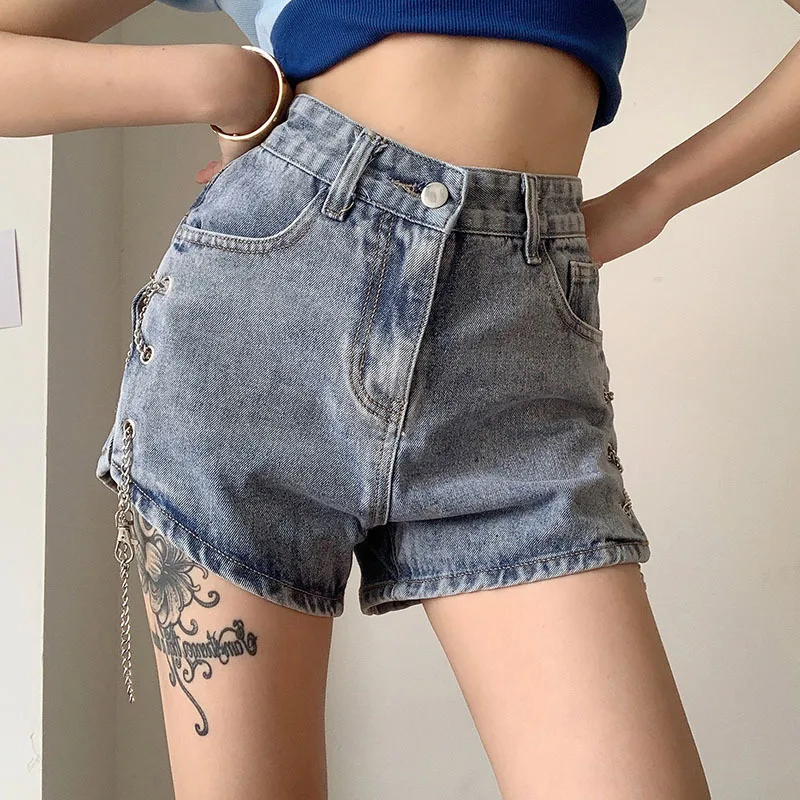 Y2k Denim Shorts with Chain Summer Women Solid Colors Sexy High Waist Straight Shorts Slim Split Buckle Wear Streetwear Harajuku