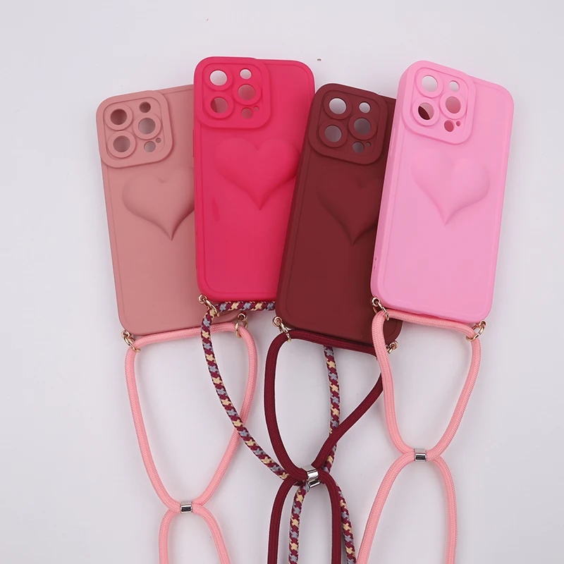 

For iPhone 13 Pro Lanyard 3D Love Heart Phone Case For iPhone 11 12 Pro Max Luxury Necklace Cord Shockproof Soft Solicone Cover