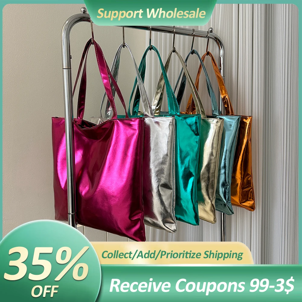 

New Chic Large Handbag Women Shopping Shoulder Bag Simple PU Leather Totes Bags Shiny Casual Female Purse Girls Clutch Party Bag