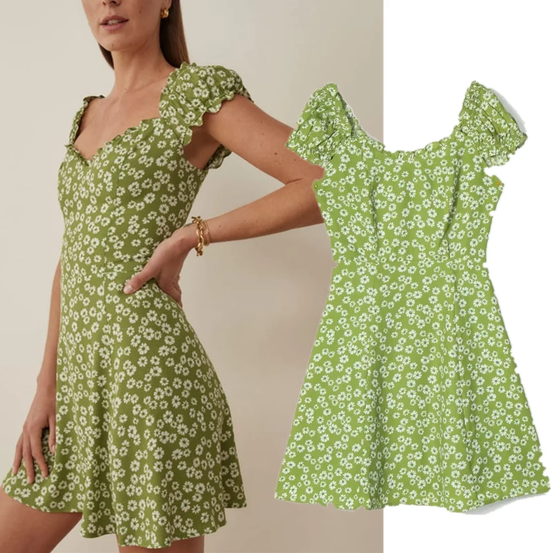 

Withered French Style Vintage Grass Green Floral Print Tank Dress Summer Sexy Short Sleeve Fahsion Mini Dress Women