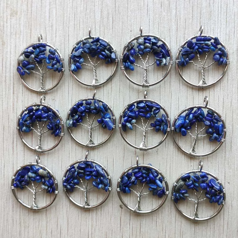 

30mm Natural Lapis Lazuli wire wrapped chakra reiki healing tree of life pendant wholesale 12pcs/lot for necklace jewelry making